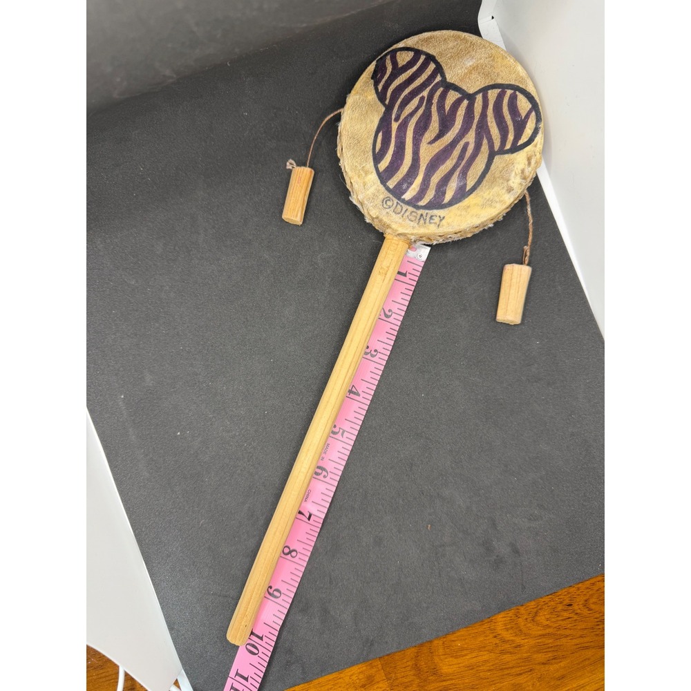 Disney Animal Kingdom‎ Hand Drum Mickey Mouse Zebra Print Wood Rattle Tan Good